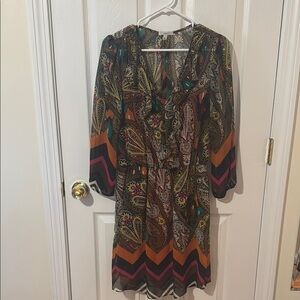 Halo Brown and Orange Midi Dress with Cowl Neck and Bishop Sleeves